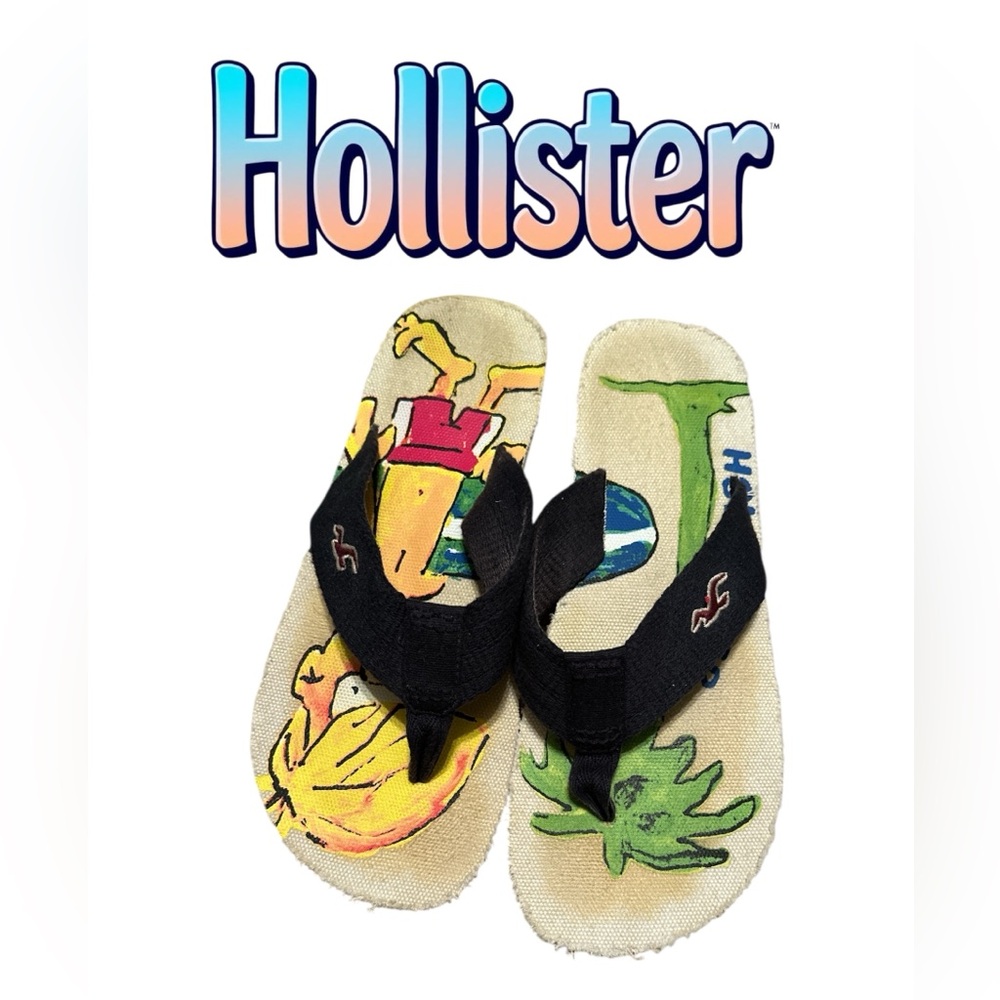 Hollister waxer mascot/Beach Scene Flip Flops with navy blue Straps